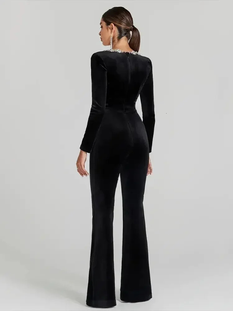 DEIVE TEGER womens black bandage jumpsuit square neck diamond high waist wide leg jumpsuit elegant party jumpsuit 241112