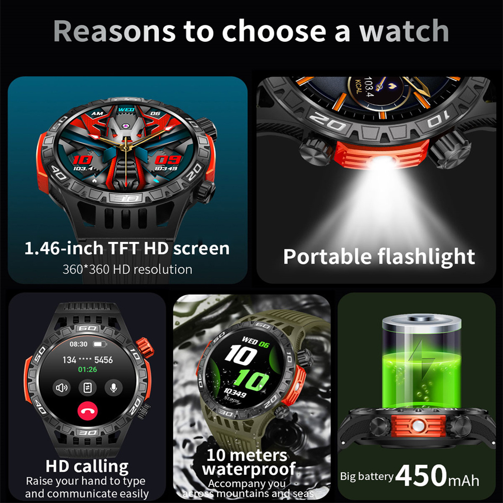 450 Battery LED MAh Flashlight Smart Watch Men Compass Heart Rate Health Monitoring IP68 Waterproof Bluetooth Call Sports Watch smile