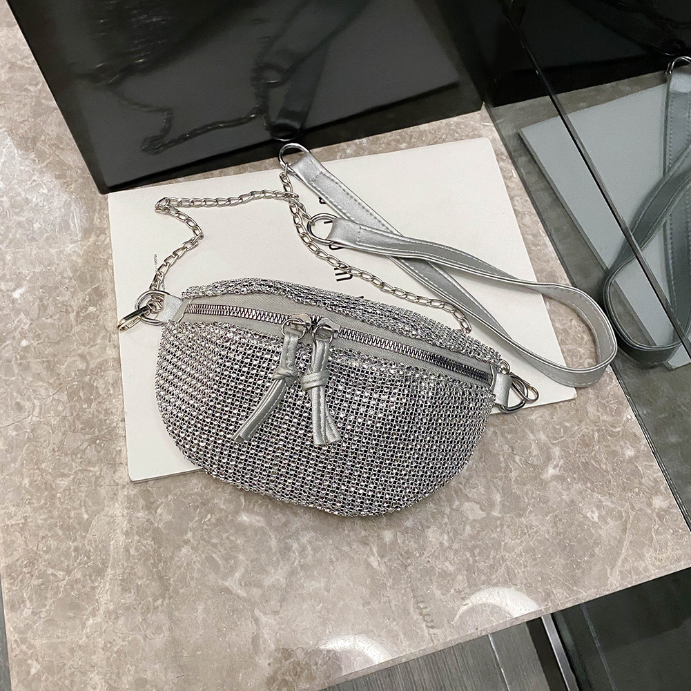 Chest Women Fanny Bag Zipper Belt Money Purse Rhinestone Chain Crossbody Packs smile