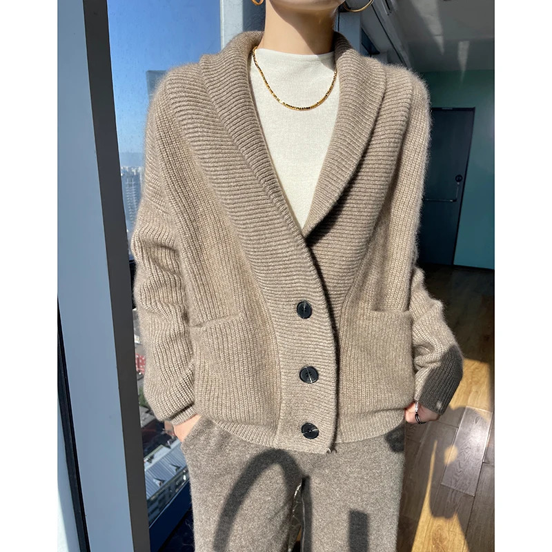 100% wool womens winter sweater thick cardigan womens V-neck long sleeved jacket and knitted womens knitted cardigan 241113