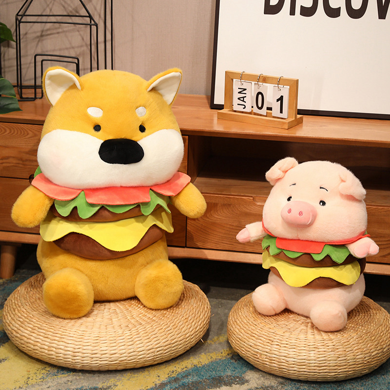 25cm Kawaii Hamburger Dog Pig Doll Plush Toy Stuffed Soft Creative Animal Pillow Toys for Holiday Birthday Gift