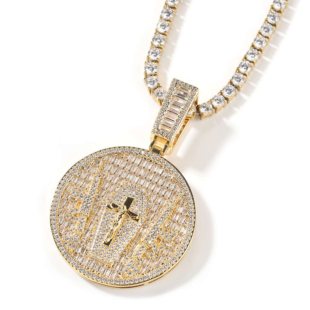 Top Quality Wolf Tide Jesus Cross Round Medal Pendant Necklace Hip Hop Silver Full Diamond Necklaces Mens Charm Accessories Iced Out Crystal Hip Hop J
