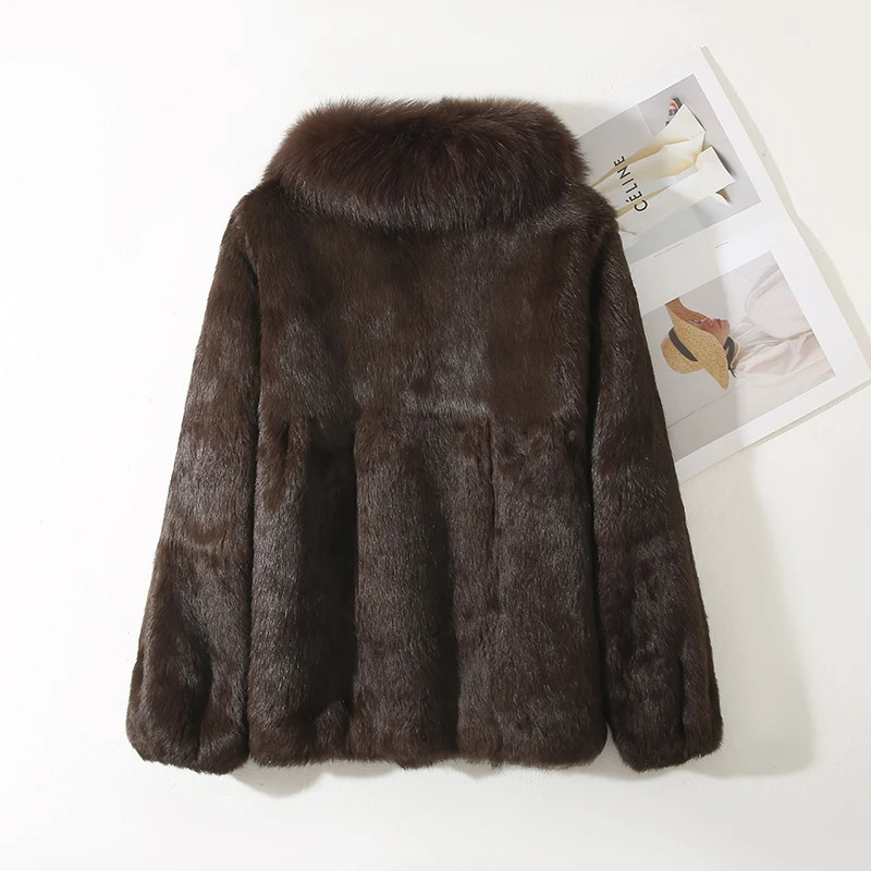 Genuine Whole 100% Real Natural Rabbit Fur Coat With y Fox Collar Jacket Full Pelt Overcoat 241113