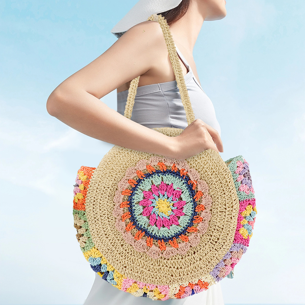 Women Fashion Woven Handbag Round Straw Woven Tote Bag Weave Straw Bag Large Capacity Ethnic Style for Travel Vacation