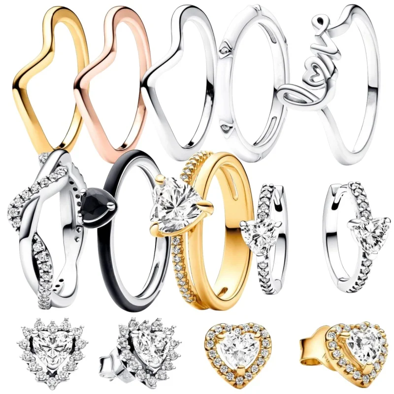The New 925 Sterling Silver Gold Love Rings For women Black Heart -shaped Ring Is Suitable for Women's Jewelry Fashion Accessories Free Delivery