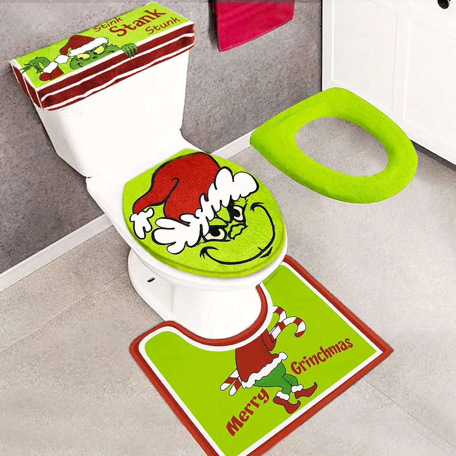 Christmas Decorations Xmas Bathroom Sets Grinch Green Monster Toilet Seat Cover and Rug for Indoor Home Bathroom Sets of 4 pcs (Red - Green) 1025