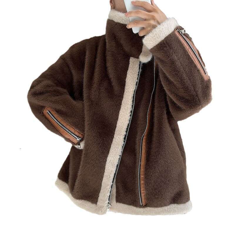 shanshi fur coat women Winter new Korean loose faux fur jacket with thick and warm zipper plush cardigan for women's outerwear