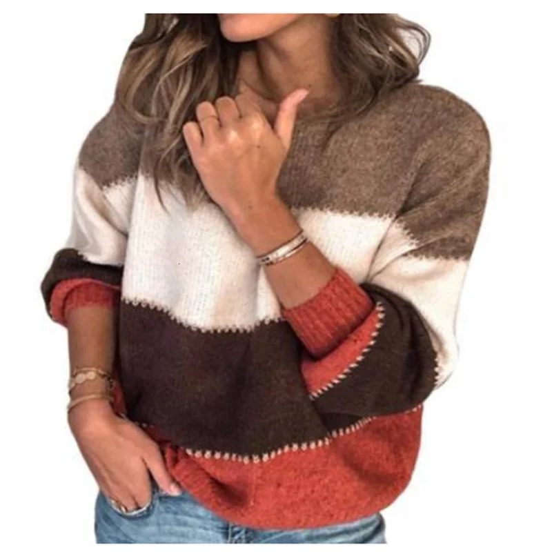 Fashionable womens striped sweater autumn and winter O-neck long sleeved sweater loose knit spliced work spliced womens shirt 241113