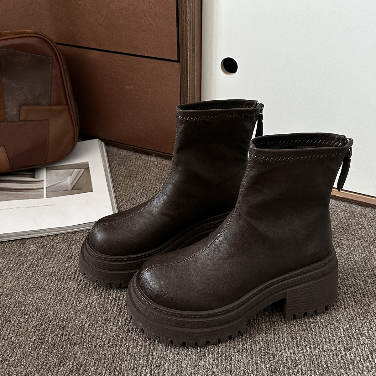Women's Boots:Fashion Simple Design Martin Boots 2024 New Style Versatile Thick Sole Increase Height,Black/Brown,Free shipping c610
