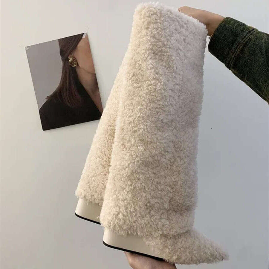 Women Winter Furry Thigh-high Pants Female Fashion Wedge Heeled Pointy Knee-high Boots 2025