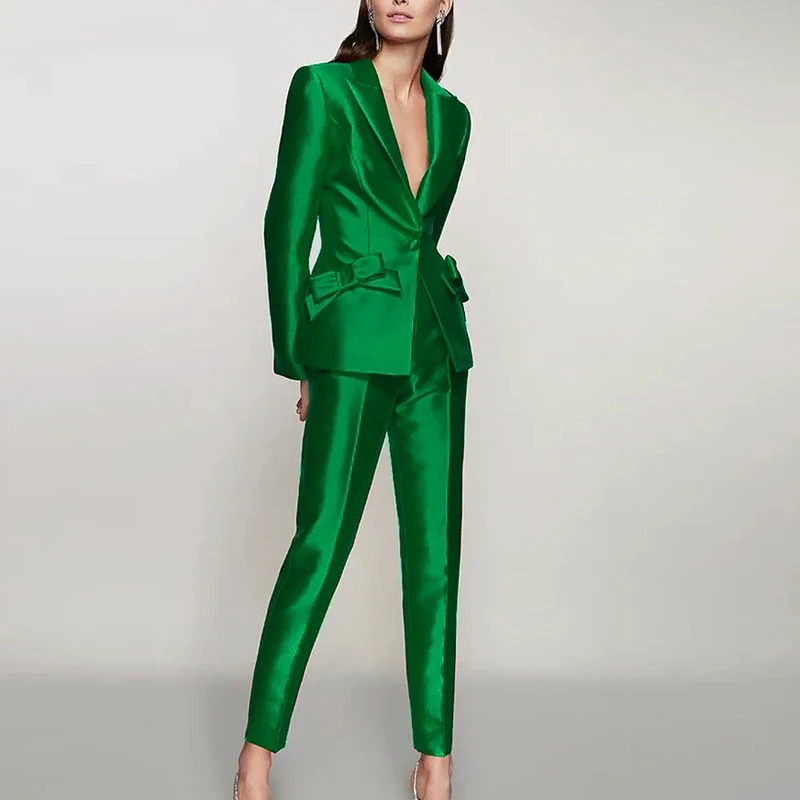 Womens casual long sleeved set and pencil pants set solid fashionable bright fabric set office womens elegant bow jacket set 241112
