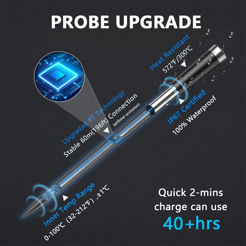 Wireless Bluetooth meat thermometer IP67 waterproof probe with LCD screen booster rechargeable used for grilling smoking and grilling ovens 241113