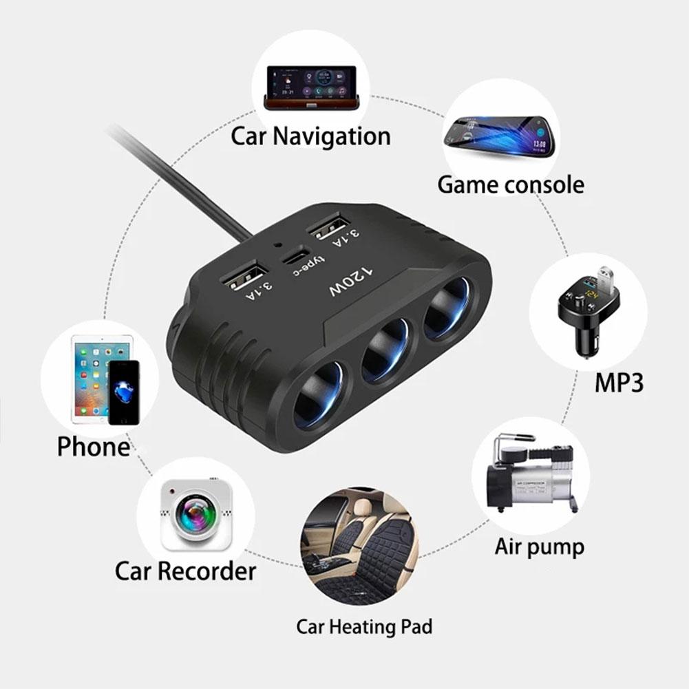 3 Socket Car Cigarette Lighter Splitter Dual USB LED Car Fast Charger 120W 12V 24V Car Charger Adapter for iPhone GPS Dashcam