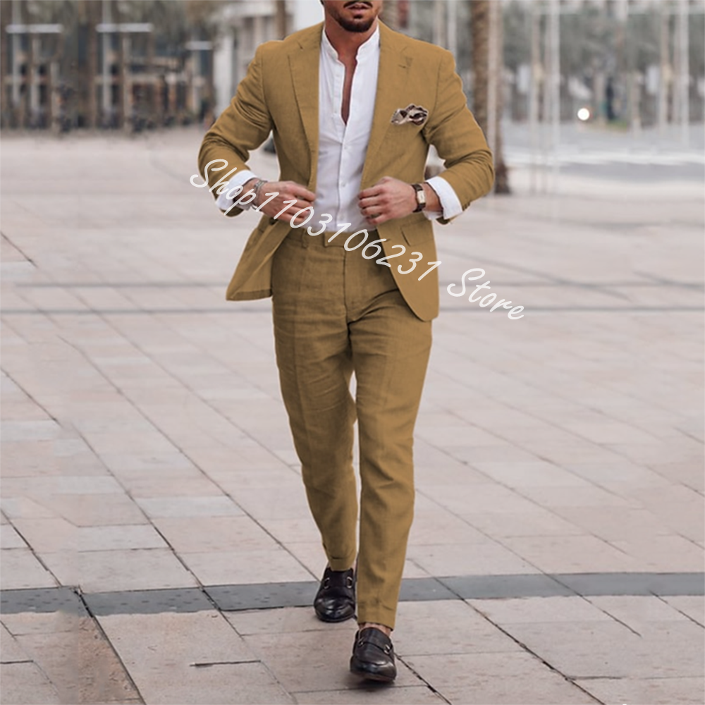 Suits Men Wedding Linen Custom Slim Fit Groom Tuxedos Notched Lapel 2 Pieces Suits Jacket Pants Male Blazer Costume Homme smile
