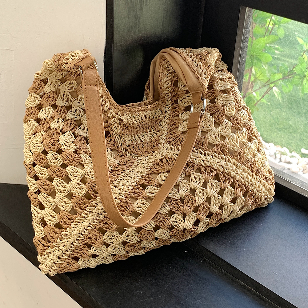 Summer Hollow Straw Beach Bag Handmade Woven Shoulder Bag Raffia Rattan Shopping Travel Bag Bohemian Braided Handbag Casual Tote