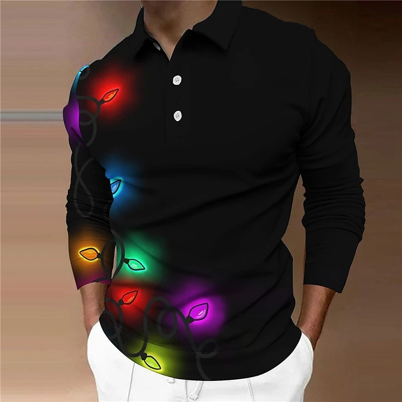 Simple Christmas Lights Pattern Polo Shirt Fashion Autumn Long Sleeve 3D Printed Mens Polo Casual Streetwear Oversized T Shirt 241113
