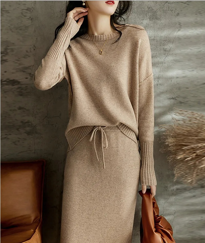 Autumn Women Sweater Two Piece Set Knitted Sets Solid Casual O Neck Long Sleeve Pullover TopElastic Waist Midi Skirt Suit 240401