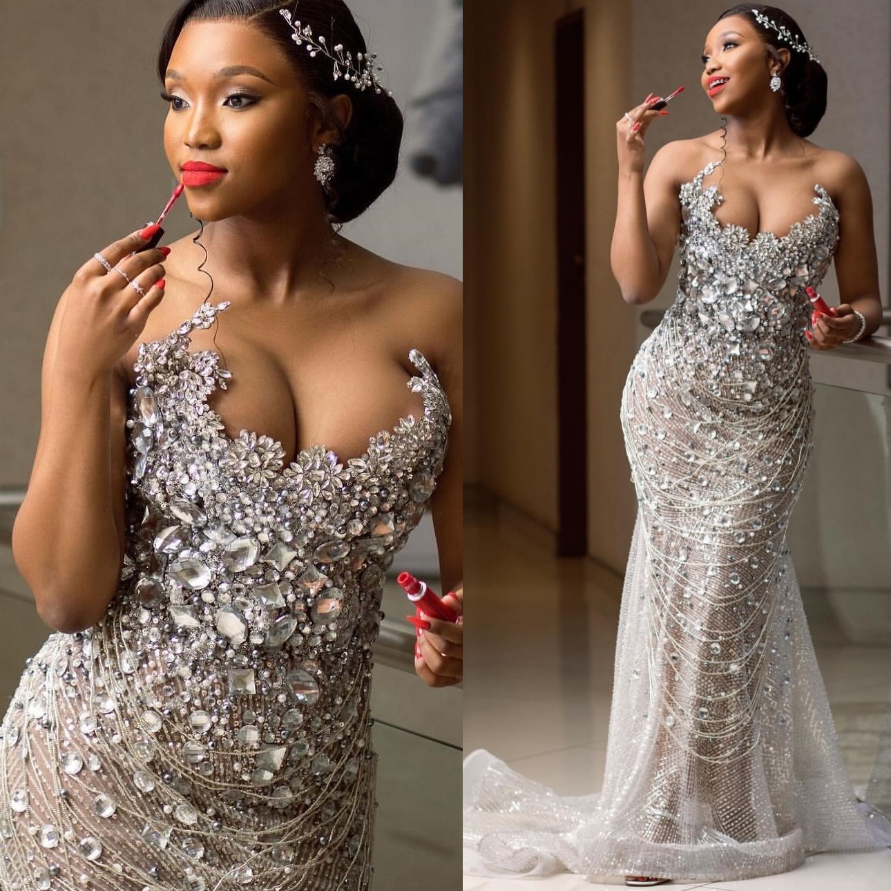 2024 Plus Size Ivory Illusion Mermaid Prom Dresses For Special Occasions Crystals Beadings Sequined Evening Party Birthday Gowns Dress For Women Vesti