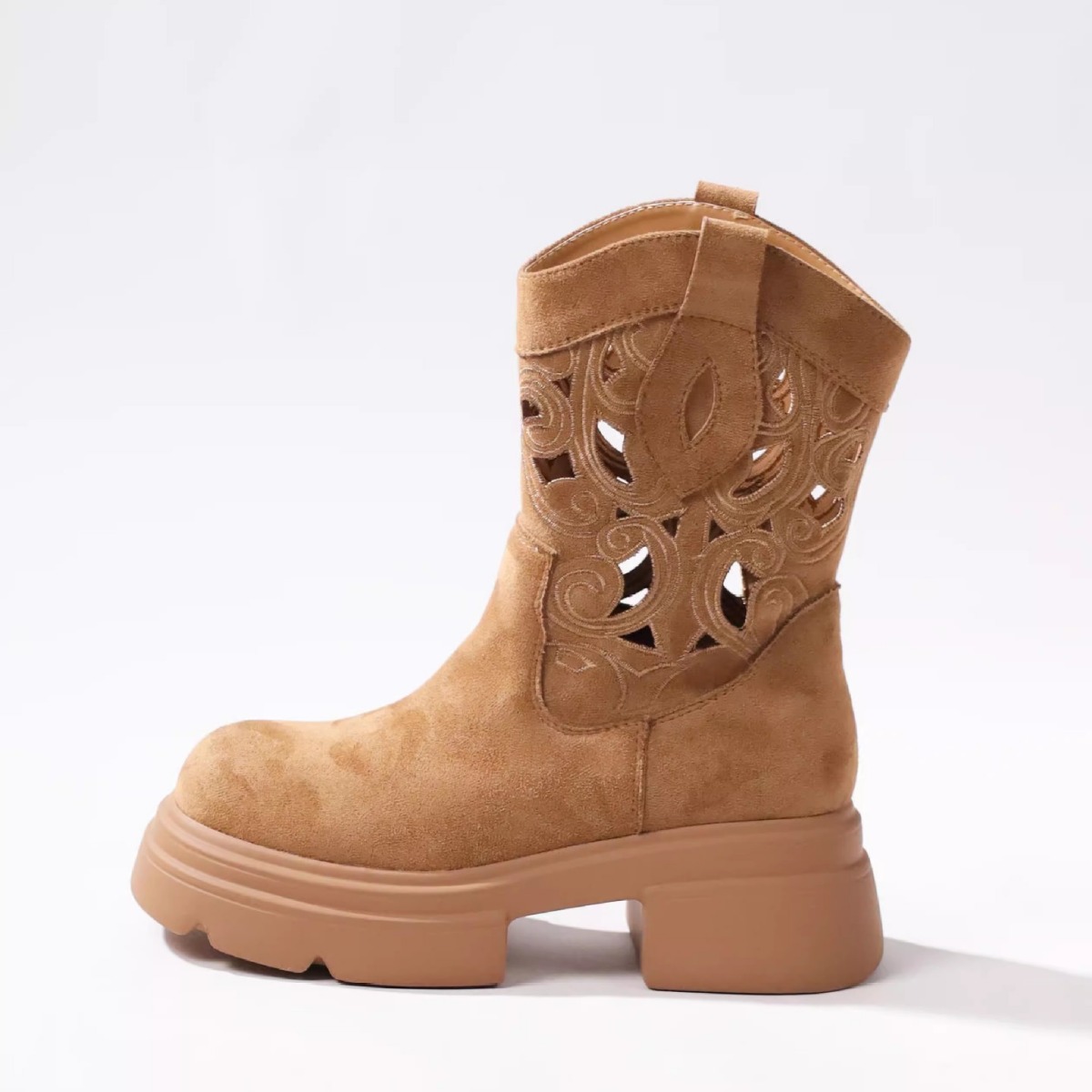 Women's Boots:Fashion Simple Hollow Design 2024 Retro Style Short Boots High Heel Increase Height,Black/Brown/Apricot,Free shipping