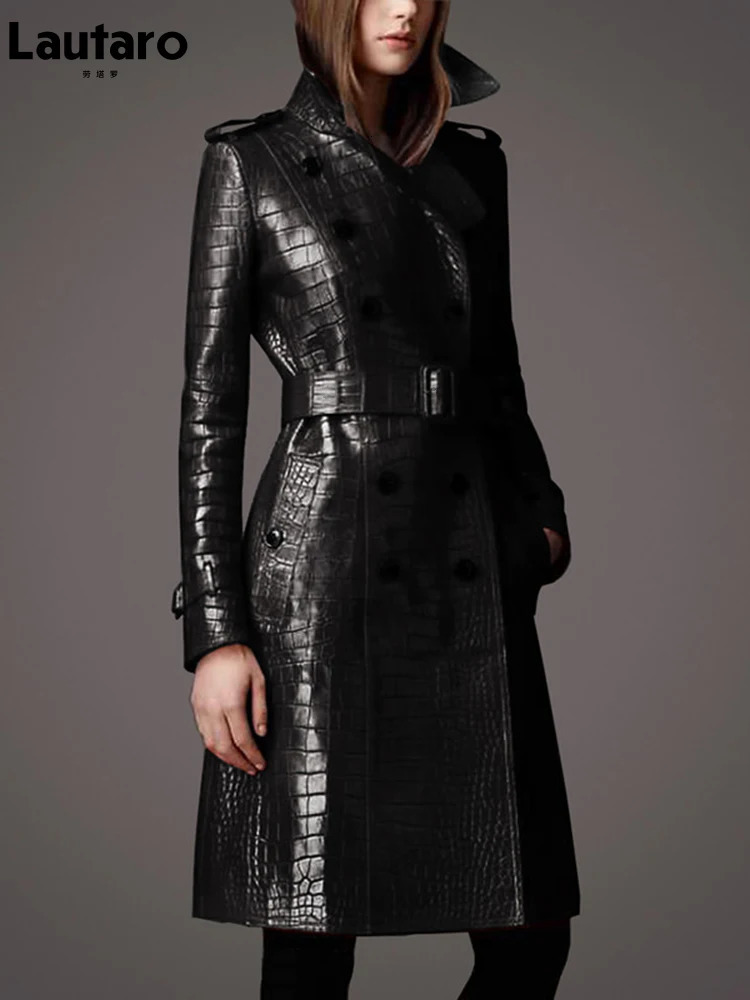 Lautaro Autumn Long Black Pattern Pu Leather Trench Coat for Women Belt Double Breasted Stylish British Style Fashion 241113