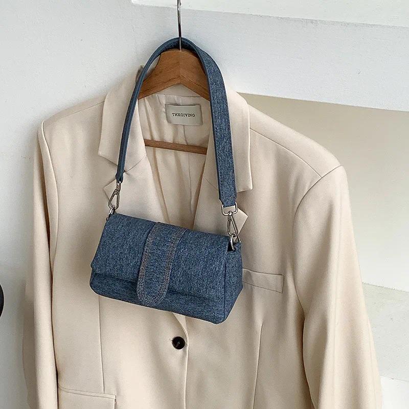 Shoulder Bags Fashion Women Simple Denim Solid Vintage Office Lady Elegant Handbags Casual All Match Underarm Bag Y2k Aesthetic