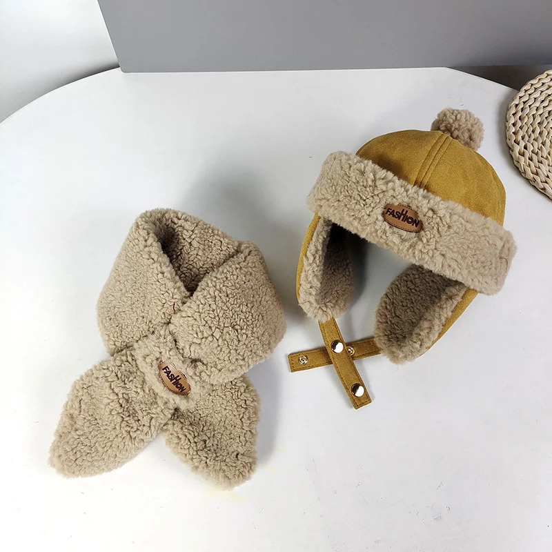 Boy Baby Plush Warm Scarf Hat Set Autumn Winter Plush Thick Girl Kid Ear Protection Cap Simple Versatile Children Pullover Caps 241112