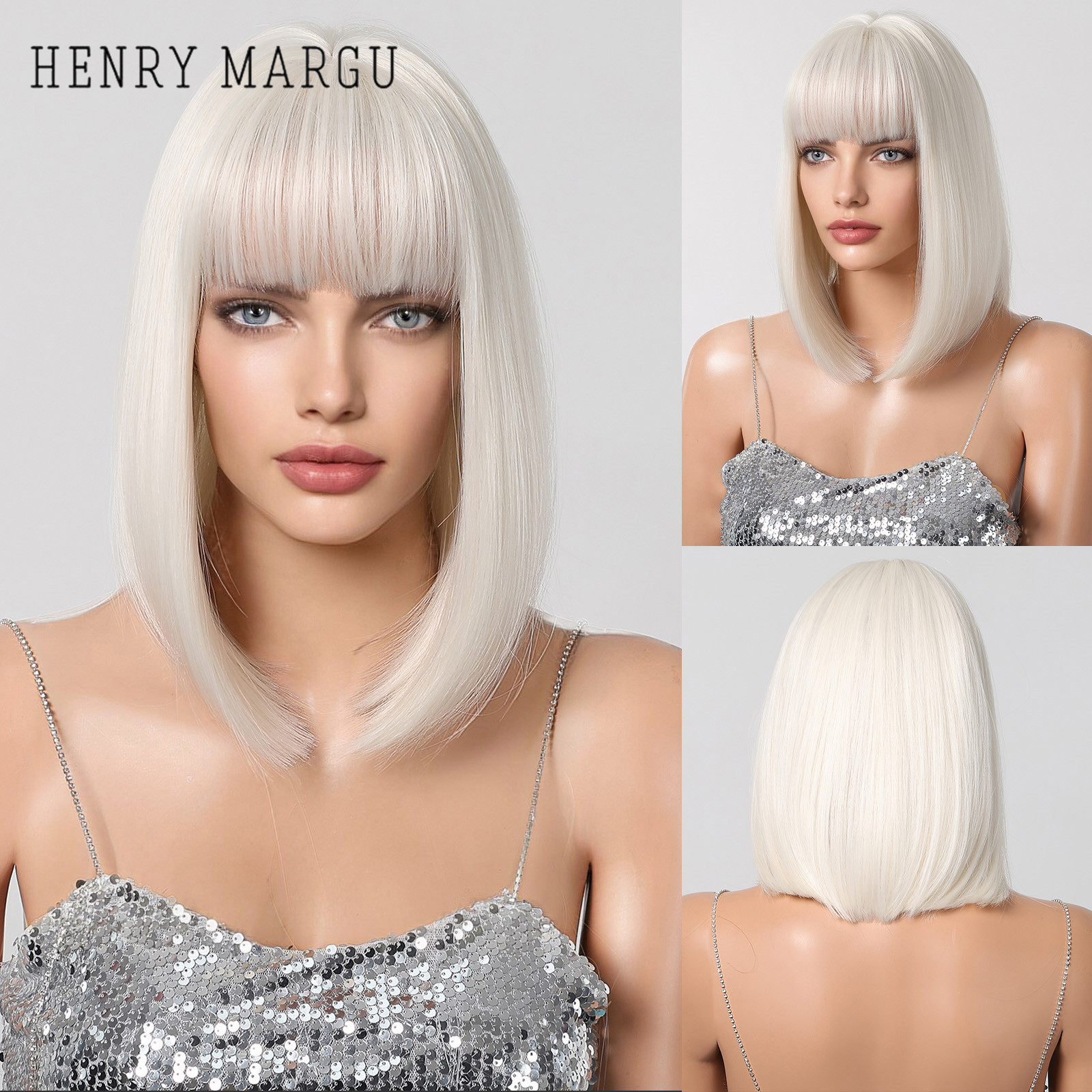 HENRY MARGU Bob Synthetic Wigs with Bangs Shoulder Length Hair White Soft Cosplay Party Daily Wig for Women Girls Use
