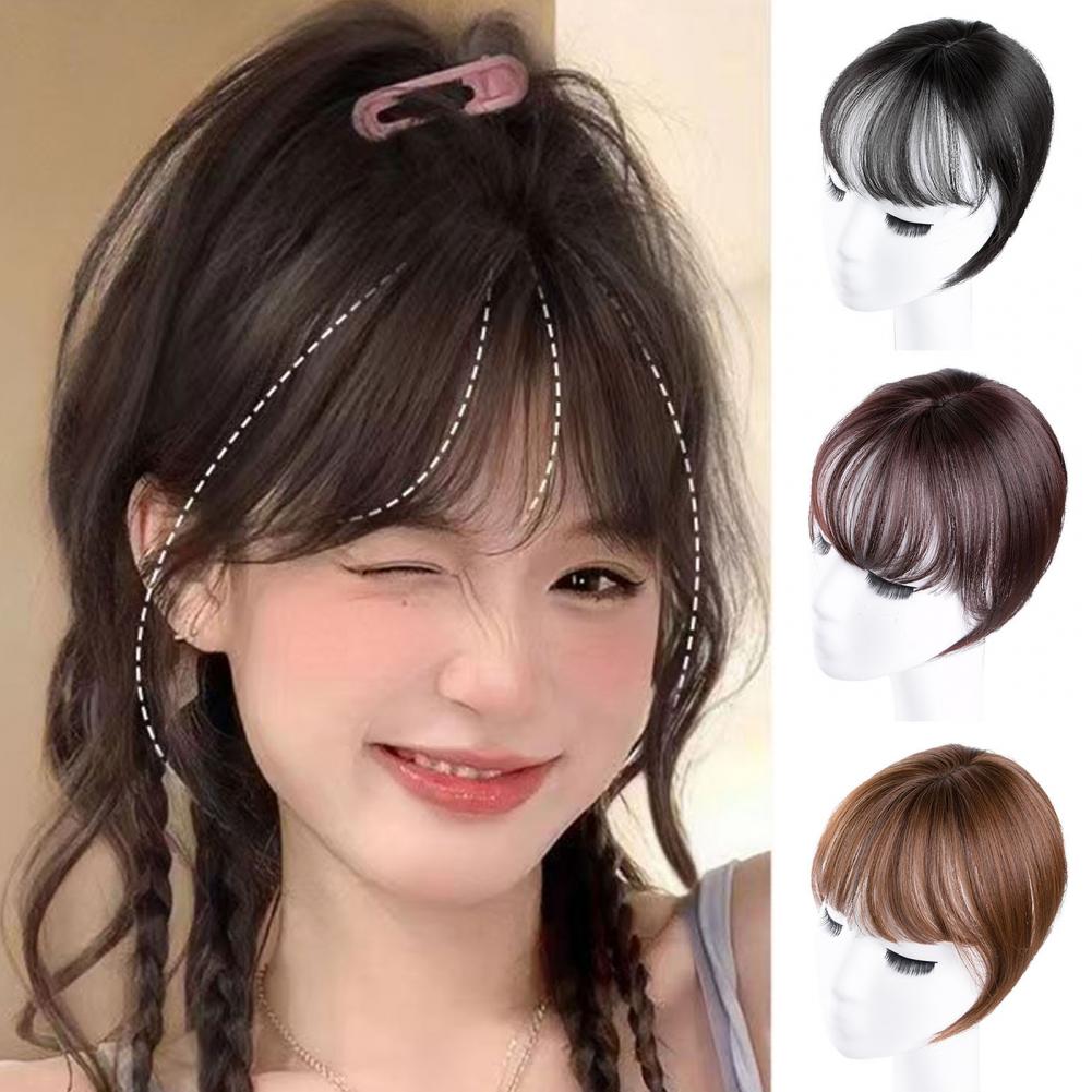 3D Bangs Women Natural Wispy French Bangs Forehead Hair Extensions Black Brown Bangs Fringe Wig Hairpieces smile