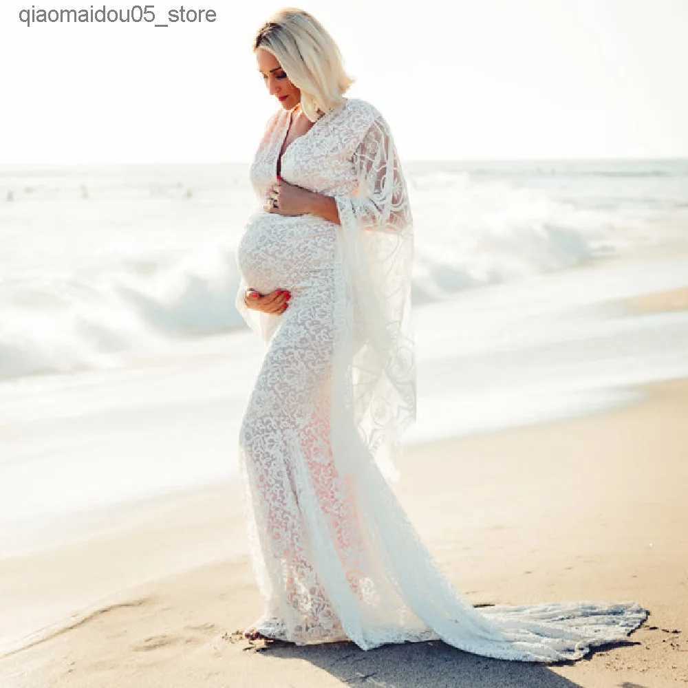 Maternity Dresses Pregnant Women Photography Dress Lace Womens V-neck Wrapped Flash Sleeves Maxi Baby Shower Photo Shooting Q240413