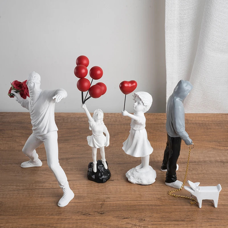 Banksy Sculpture Collection Flower Thrower Statue Pop Art Modern Balloon Girl Figurine Office Home Decoration Accessories Street 240409