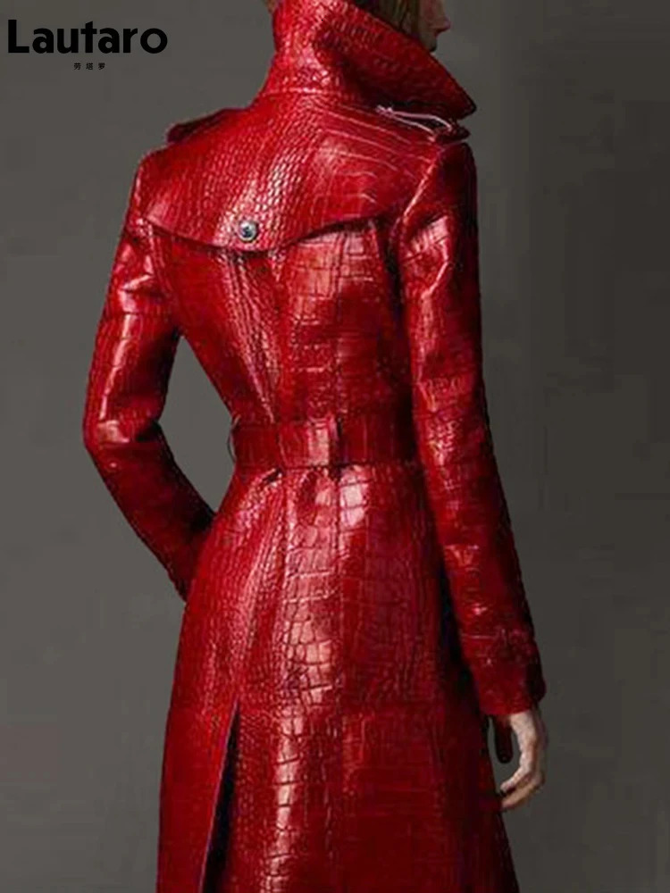 Lautaro Autumn Long Red Print Leather Trench Coat for Women Belt Double Breasted Elegant British Style Fashion 241122