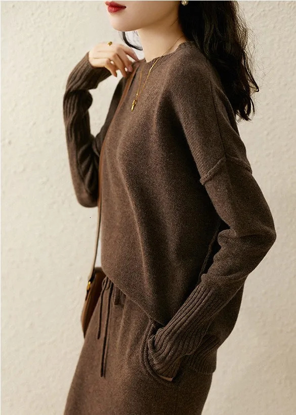 Autumn Women Sweater Two Piece Set Knitted Sets Solid Casual O Neck Long Sleeve Pullover TopElastic Waist Midi Skirt Suit 240401