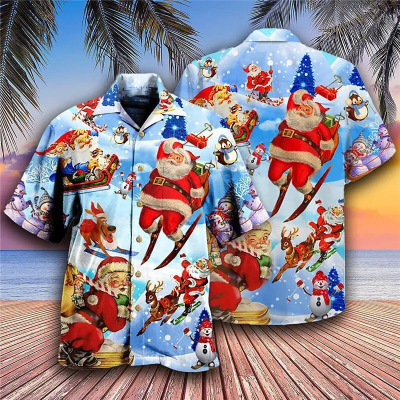 Christmas Mens Hawaii Shirt Short Sleeve Year Xmas 3D Printing Tops Santa Claus Party Beachwear Camping Vacation Apparel 241108