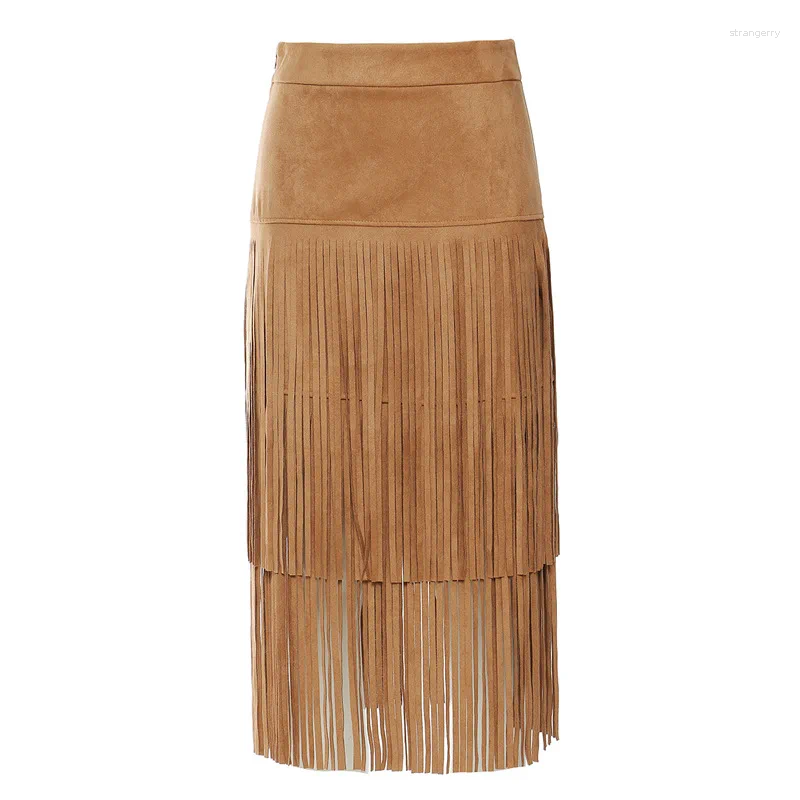 Skirts OF.STUDIOS 2024 Cowboy Style Fashion High Quality Casual Fringe Midi Skirt Women Summer