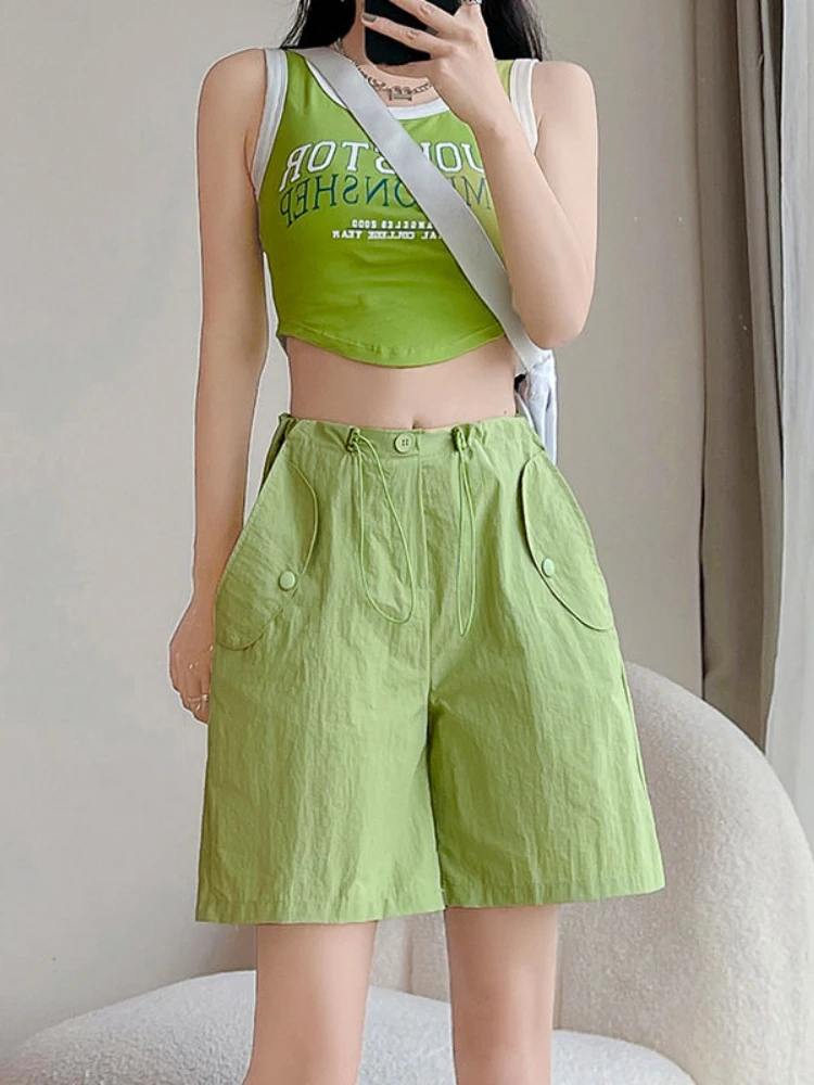 Shorts Women Leisure Chic Folds Streetwear Holiday Cargo Simple All-match Summer Candy Color Comfortable Korean Style Daily New