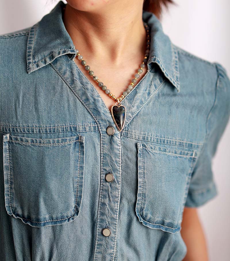 Bohemia Gems Stone Heart Pendant Necklace Women Labradorite Beaded Short Choker Necklace Boho Jewelry Femme Wholesale