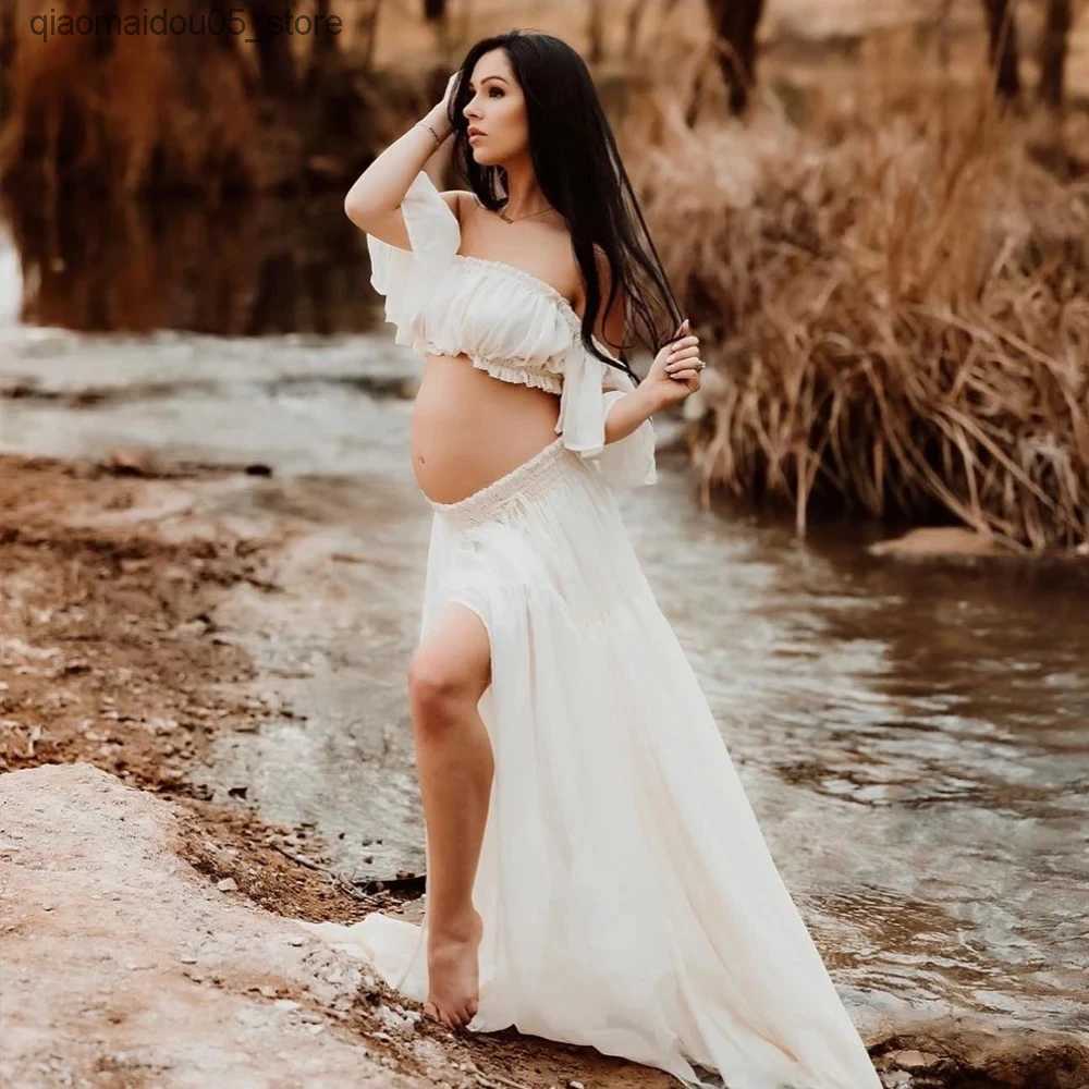 Maternity Dresses Photoshot pregnant womens long coat and top tier pregnant womens pleated semi transparent chiffon baby shower dress Q240413