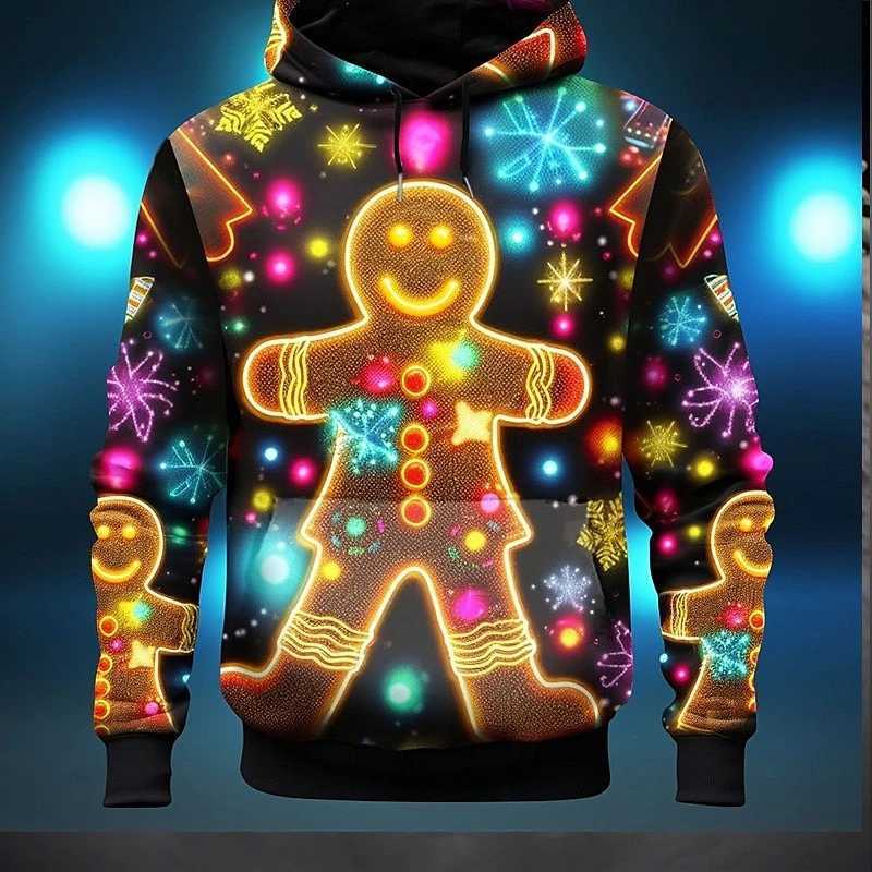 Christmas Theme Hoodie Mens Clothing Long Sleeve Pullover Ugly Sweatshirt 3D Print Gingerbread Tree Lights Funny Fashion Hoodies LX241113