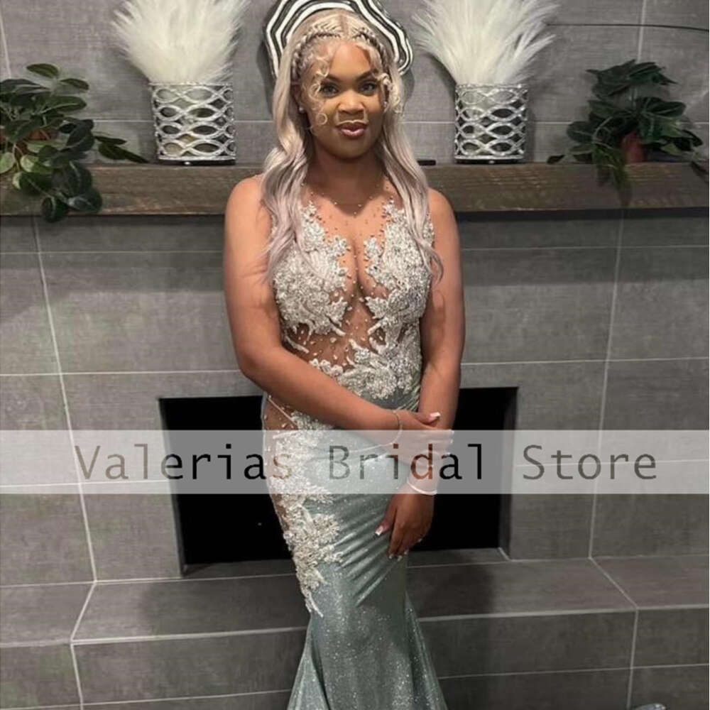 Elegant Mermaid Prom Dress For Black Girls Satin Appliques Beads Illusion Sexy Graduation Party Gowns Vestidos De Noche