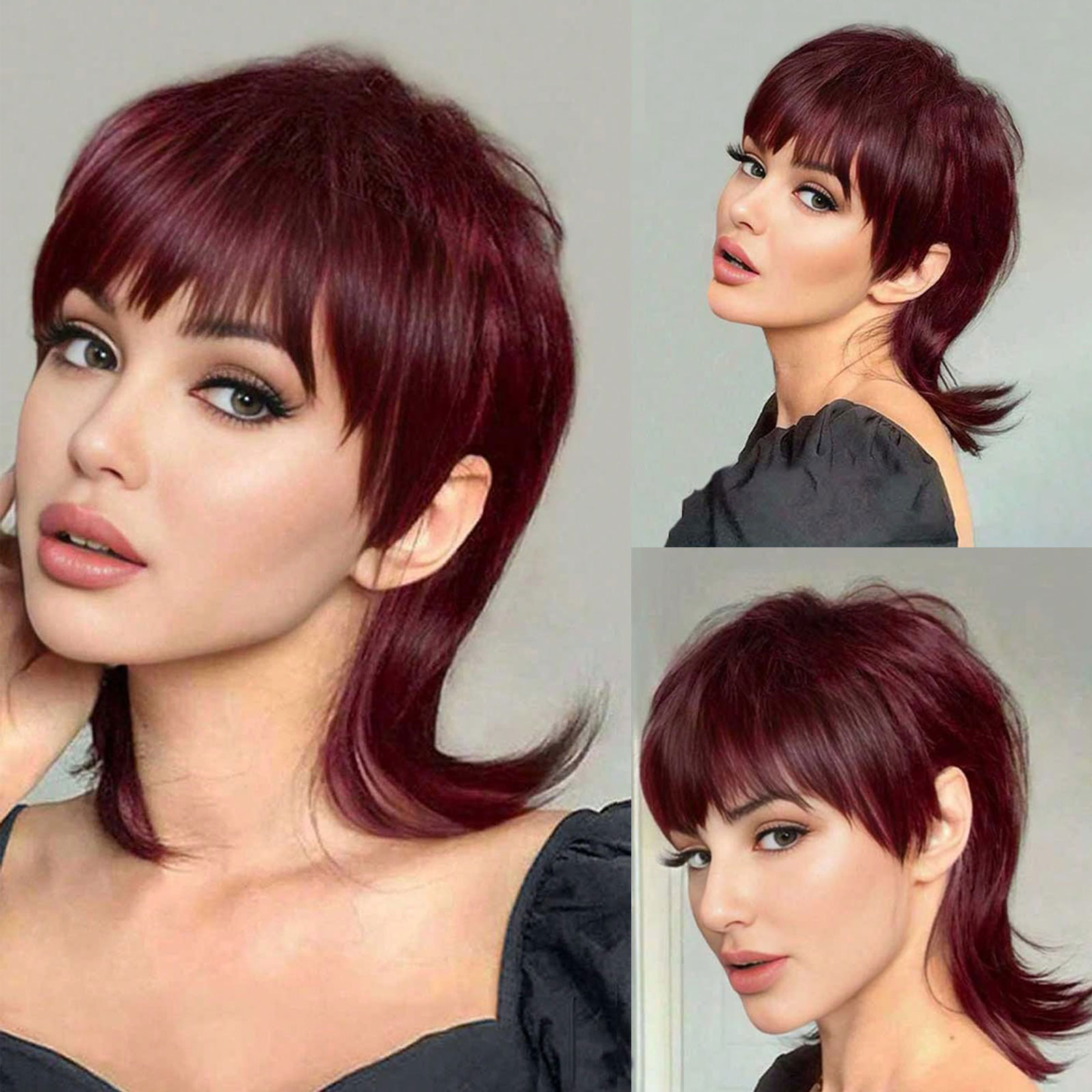Wig Cut for Women Pixie Short Wine Red Wig with Short Layered Mullet Wigs Ombre Bury Pixie Synthetic Wig Heat Resistant Wig smile