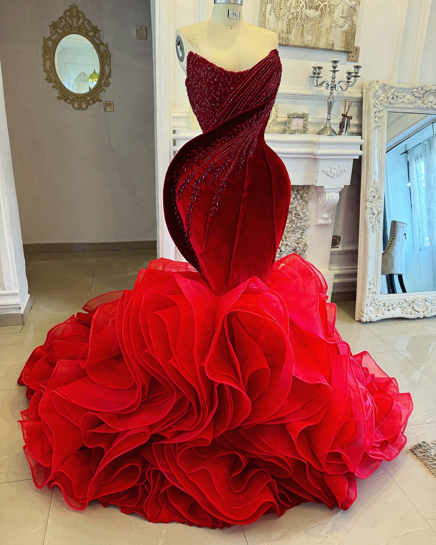 2024 Plus Size Red Mermaid Prom Dresses For Special Occasions Rhinestones Beaded Velvet Organza Evening Party Birthday Gowns Dress For Women Vestidos 