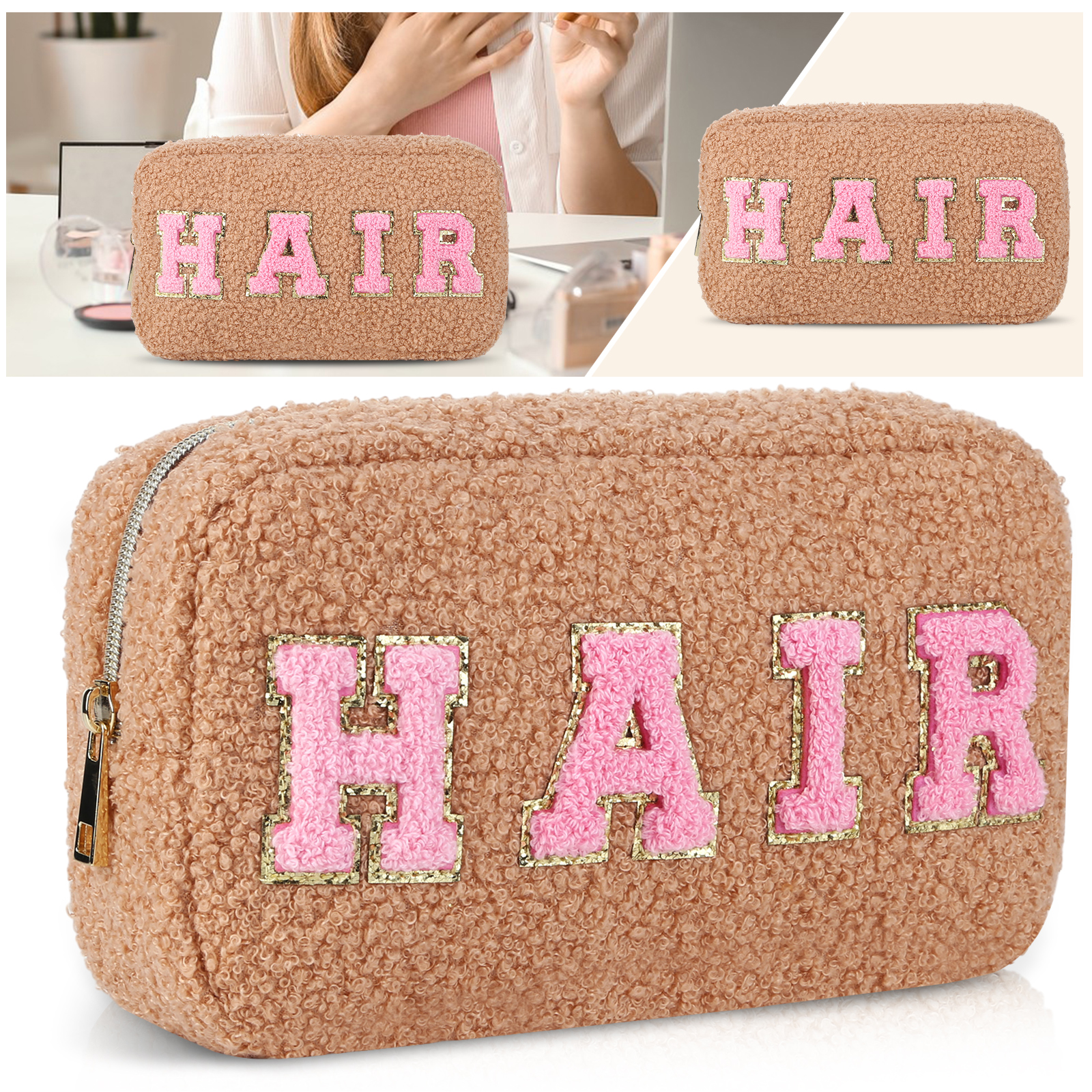 Preppy Fluffy Cosmetic Chenille Letter Organizer New Storage Bag Travel Makeup Pouch Gift for Women and Girls
