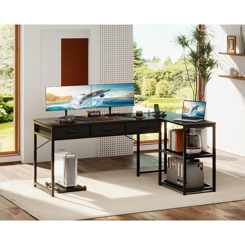AODK L Shaped Desk with Fabric Drawers, 61 Inch Corner Desk with Power Outlets & Movable CPU Stand, Reversible Computer Desk