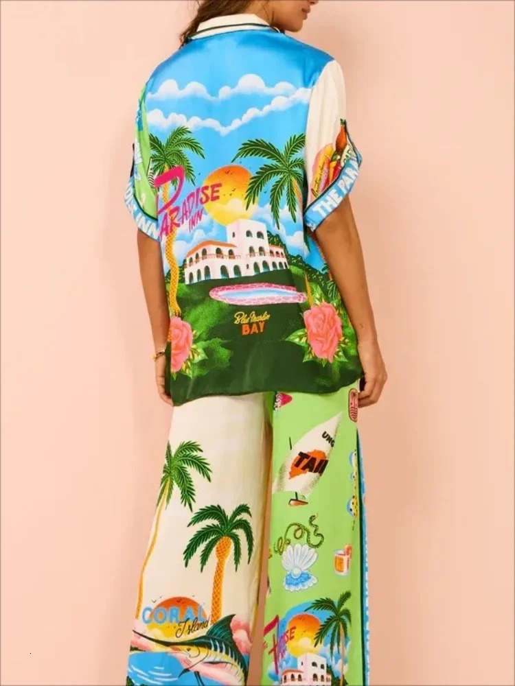 Women Holiday Casual Printed Coconut Trees Short Sleeve Shirt Blouse Top Loose Long Pants 2 Piece Set Summer Beach Outfits Suit 240402