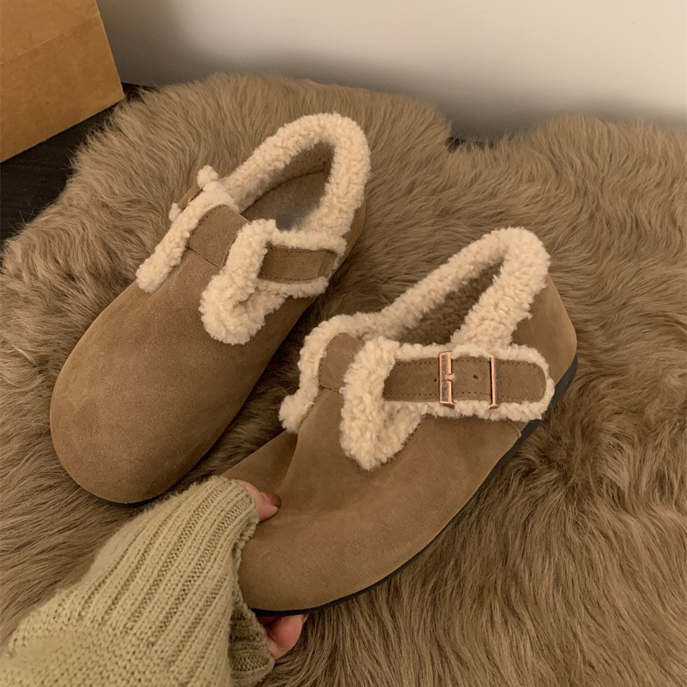 Retro thick soled brown velvet fur shoes for women, wearing warm cotton shoes for autumn and winter, snow boots for women