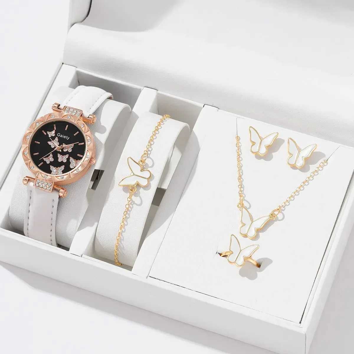 6/1pcs Set Women Watch Ring Necklace Earrings Bracelet Set Watches Butterfly Leather Strap Ladies Quartz WristWatch (No Box)XJ241109