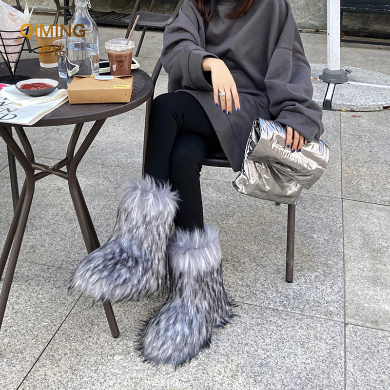 Women Faux Fur Boots Winter Fluffy Plush Warm Mid Calf Snow Boots Fashion Furry Boots Comfortable Outdoor Flat Shoes 241112