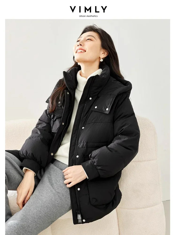 Vimly Hooded White Duck Womens Down Jacket Winter Stand Collar Windproof Thick Zipper Long Puff Jacket Coat 50675 241112