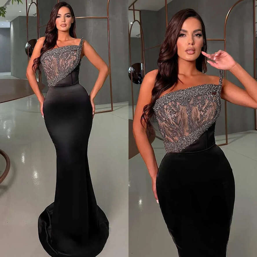 Elegant Black Mermaid Evening Sequins Beads Straps Formal Party Prom Dress Red Carpet Long Dresses For Special Ocn 0515