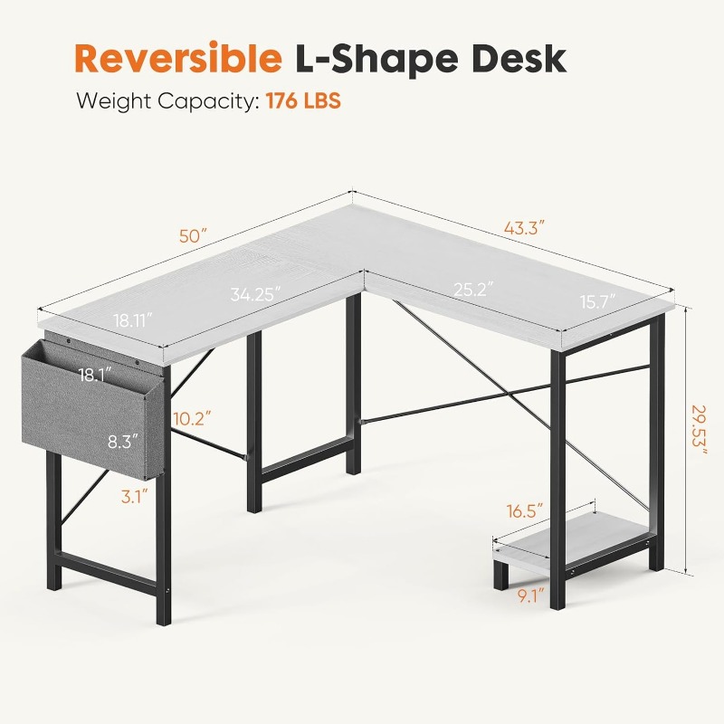 Gaming Table Corner Desk PC White Writing Desk Study Desks with Wooden Desktop CPU Stand Side Bag Reversible for Home Office